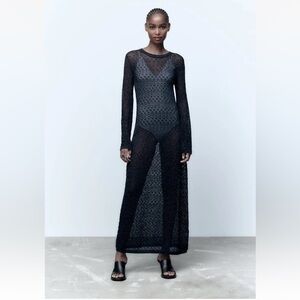 Zara Sheer Long Sleeve Dress with blue Metallic thread detail